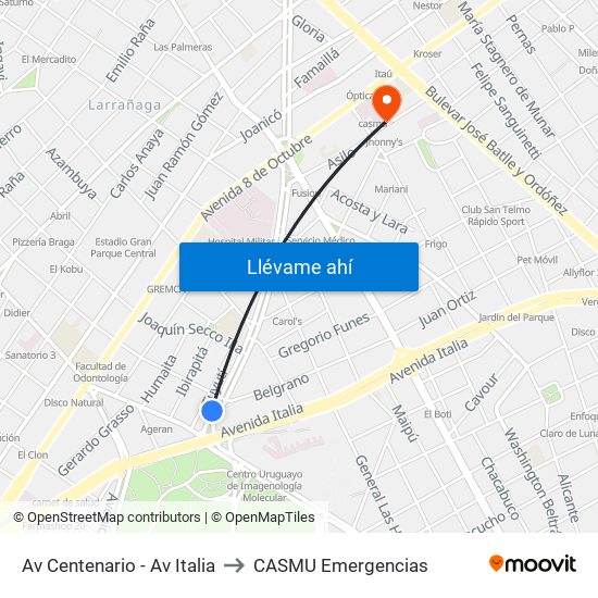 Av Centenario - Av Italia to CASMU Emergencias map