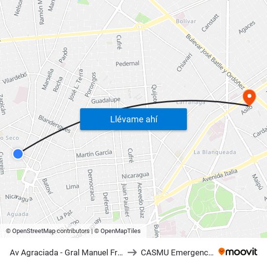Av Agraciada - Gral Manuel Freire to CASMU Emergencias map