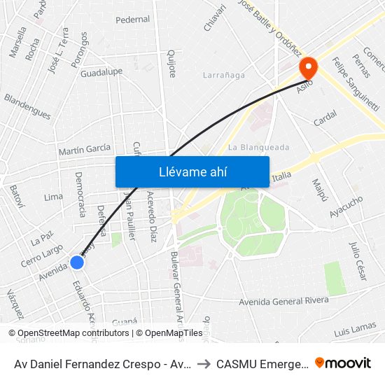 Av Daniel Fernandez Crespo - Av Uruguay to CASMU Emergencias map