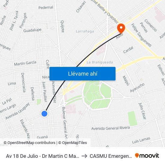 Av 18 De Julio - Dr Martin C Martinez to CASMU Emergencias map