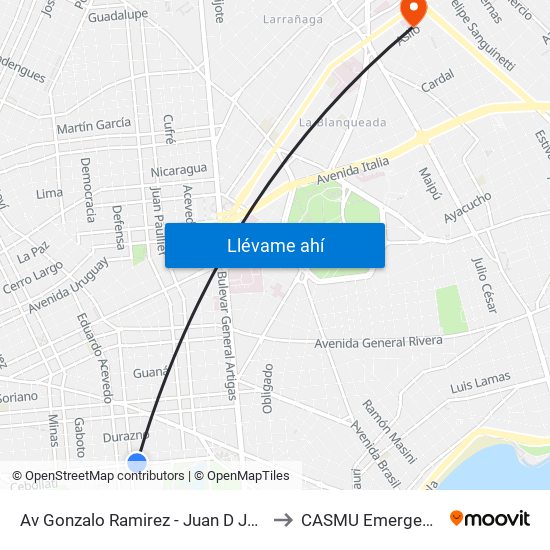 Av Gonzalo Ramirez - Juan D Jackson to CASMU Emergencias map