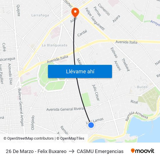 26 De Marzo - Felix Buxareo to CASMU Emergencias map