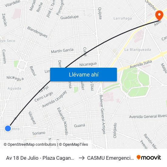 Av 18 De Julio - Plaza Cagancha to CASMU Emergencias map