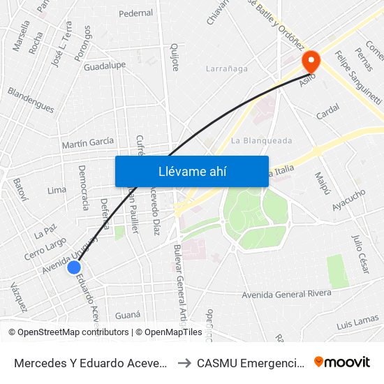Mercedes Y Eduardo Acevedo to CASMU Emergencias map