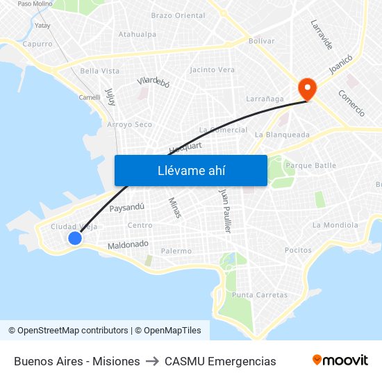 Buenos Aires - Misiones to CASMU Emergencias map