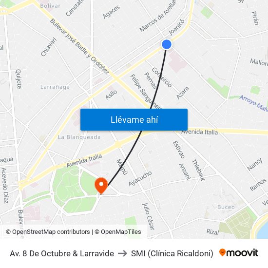 Av. 8 De Octubre & Larravide to SMI (Clínica Ricaldoni) map