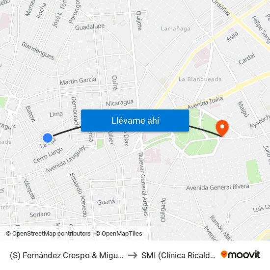 (S) Fernández Crespo & Miguelete to SMI (Clínica Ricaldoni) map