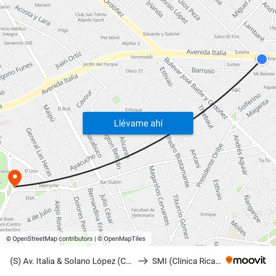 (S) Av. Italia & Solano López (Comercio) to SMI (Clínica Ricaldoni) map