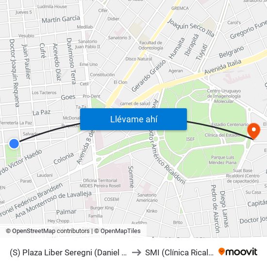 (S) Plaza Liber Seregni (Daniel Muñoz) to SMI (Clínica Ricaldoni) map