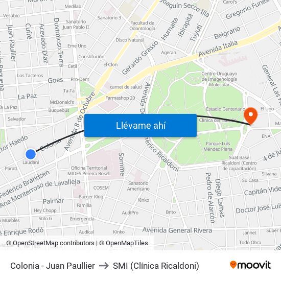 Colonia - Juan Paullier to SMI (Clínica Ricaldoni) map