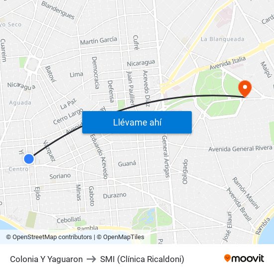 Colonia Y Yaguaron to SMI (Clínica Ricaldoni) map