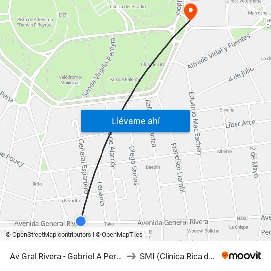 Av Gral Rivera - Gabriel A Pereira to SMI (Clínica Ricaldoni) map