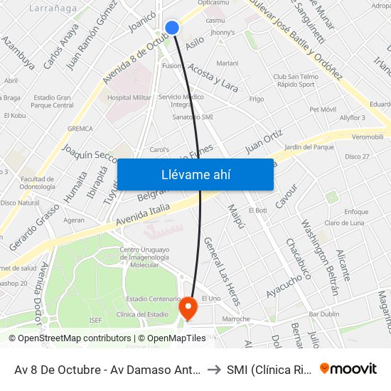 Av 8 De Octubre - Av Damaso Antonio Larrañaga to SMI (Clínica Ricaldoni) map