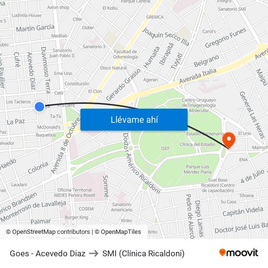 Goes - Acevedo Diaz to SMI (Clínica Ricaldoni) map