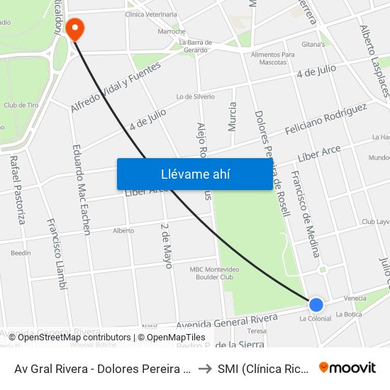 Av Gral Rivera - Dolores Pereira De Rossell to SMI (Clínica Ricaldoni) map