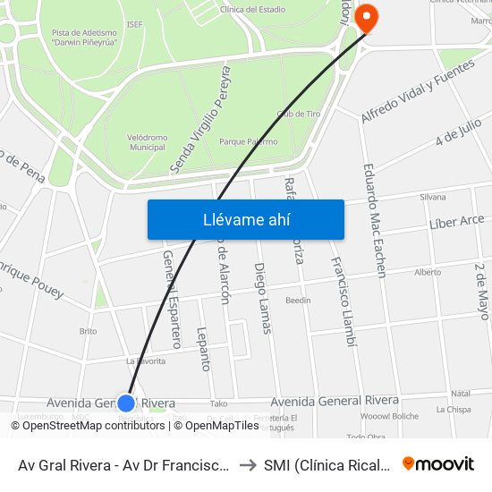 Av Gral Rivera - Av Dr Francisco Soca to SMI (Clínica Ricaldoni) map