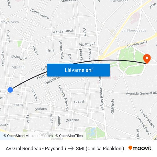 Av Gral Rondeau - Paysandu to SMI (Clínica Ricaldoni) map