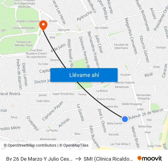 Bv 26 De Marzo Y Julio Cesar to SMI (Clínica Ricaldoni) map