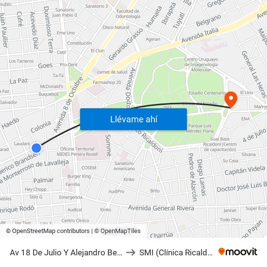 Av 18 De Julio Y Alejandro Beisso to SMI (Clínica Ricaldoni) map