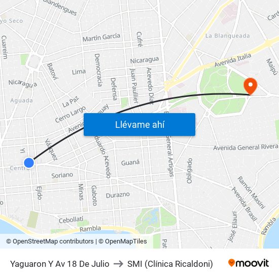 Yaguaron Y Av 18 De Julio to SMI (Clínica Ricaldoni) map