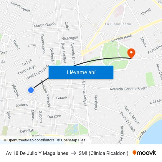 Av 18 De Julio Y Magallanes to SMI (Clínica Ricaldoni) map