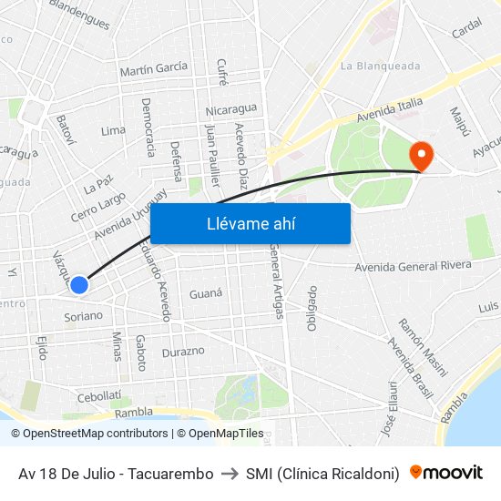 Av 18 De Julio - Tacuarembo to SMI (Clínica Ricaldoni) map