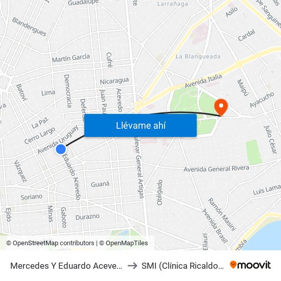 Mercedes Y Eduardo Acevedo to SMI (Clínica Ricaldoni) map