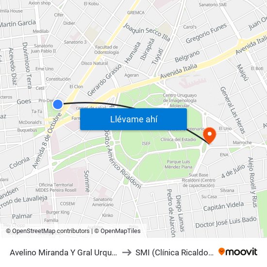 Avelino Miranda Y Gral Urquiza to SMI (Clínica Ricaldoni) map