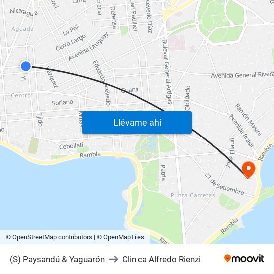 (S) Paysandú & Yaguarón to Clinica Alfredo Rienzi map