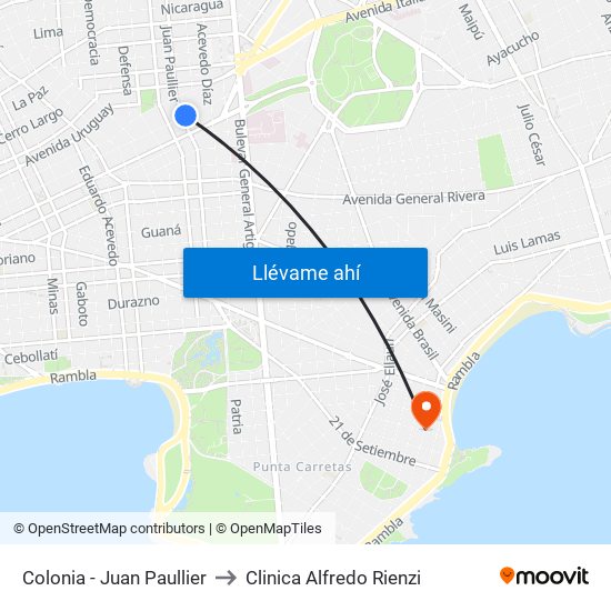 Colonia - Juan Paullier to Clinica Alfredo Rienzi map
