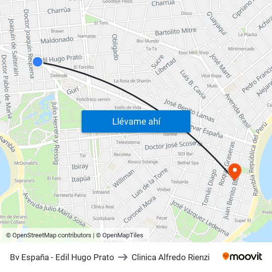 Bv España - Edil Hugo Prato to Clinica Alfredo Rienzi map