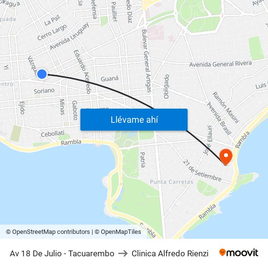Av 18 De Julio - Tacuarembo to Clinica Alfredo Rienzi map