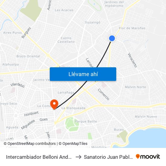 Intercambiador Belloni Andén 4 to Sanatorio Juan Pablo II map