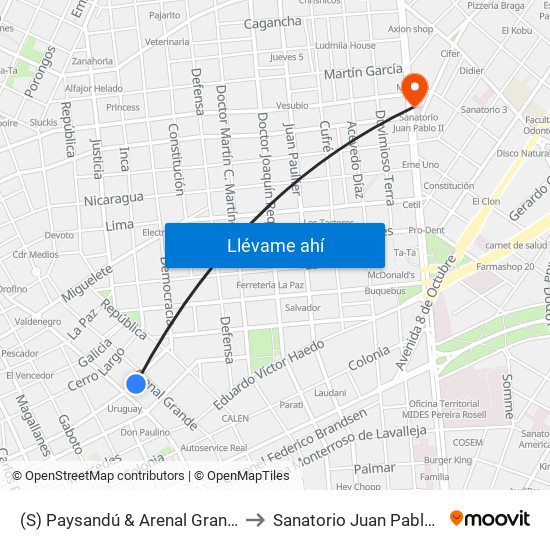 (S) Paysandú & Arenal Grande to Sanatorio Juan Pablo II map