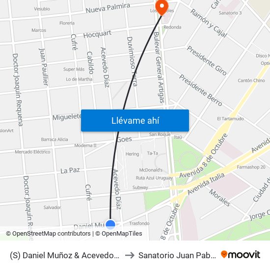 (S) Daniel Muñoz & Acevedo Díaz to Sanatorio Juan Pablo II map