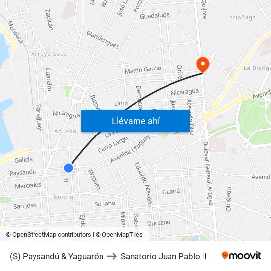 (S) Paysandú & Yaguarón to Sanatorio Juan Pablo II map