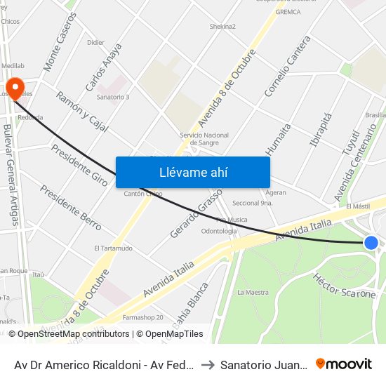 Av Dr Americo Ricaldoni - Av Federico R Vidiella to Sanatorio Juan Pablo II map