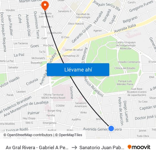 Av Gral Rivera - Gabriel A Pereira to Sanatorio Juan Pablo II map