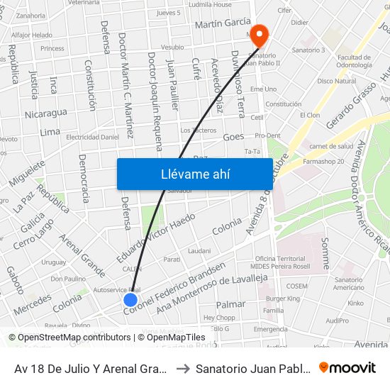 Av 18 De Julio Y Arenal Grande to Sanatorio Juan Pablo II map