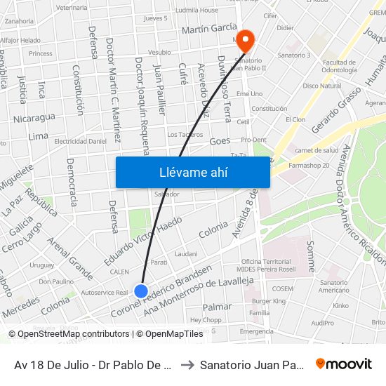 Av 18 De Julio - Dr Pablo De Maria to Sanatorio Juan Pablo II map