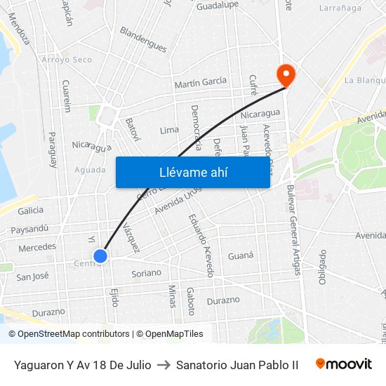 Yaguaron Y Av 18 De Julio to Sanatorio Juan Pablo II map