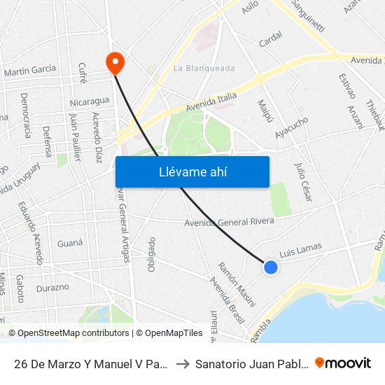 26 De Marzo Y Manuel V Pagola to Sanatorio Juan Pablo II map