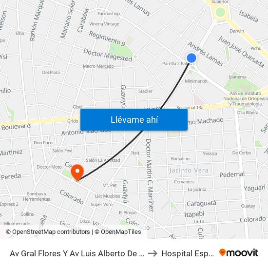 Av Gral Flores Y Av Luis Alberto De Herrera to Hospital Español map