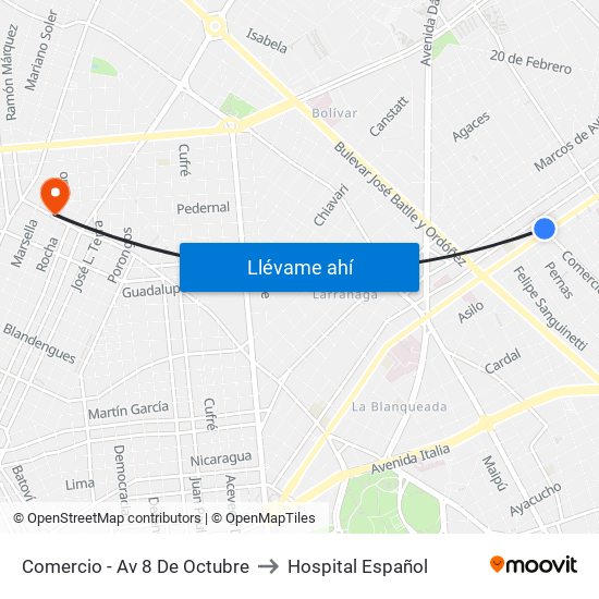 Comercio - Av 8 De Octubre to Hospital Español map