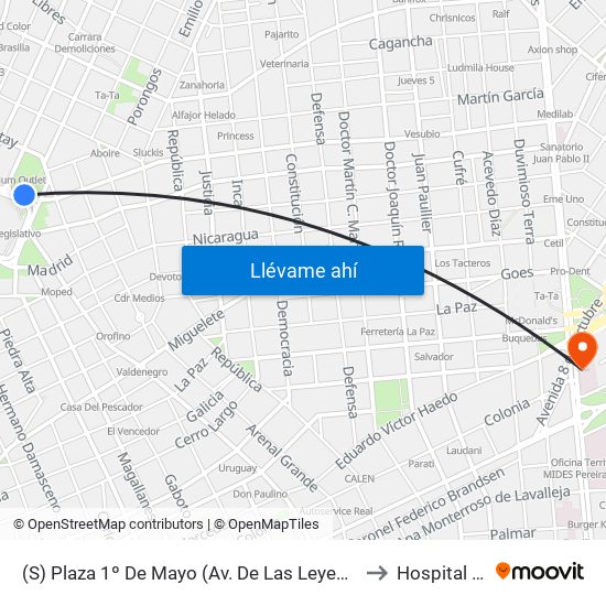(S) Plaza 1º De Mayo (Av. De Las Leyes & Dr. Luis P. Lenguas) to Hospital Italiano map