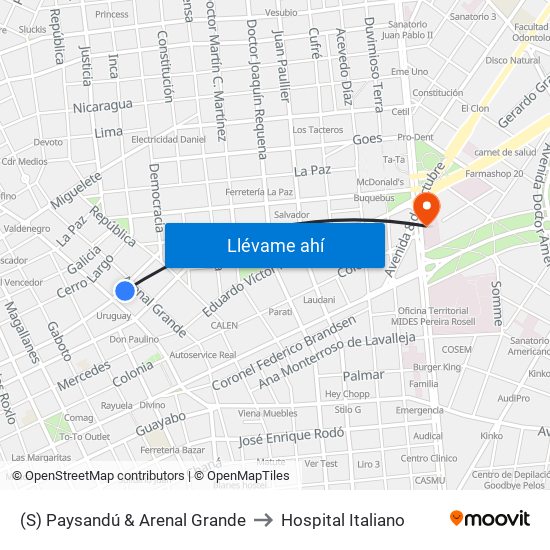 (S) Paysandú & Arenal Grande to Hospital Italiano map