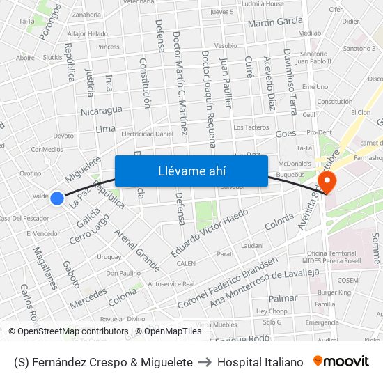 (S) Fernández Crespo & Miguelete to Hospital Italiano map