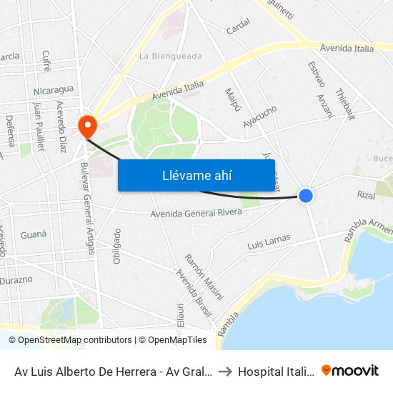 Av Luis Alberto De Herrera - Av Gral Rivera to Hospital Italiano map
