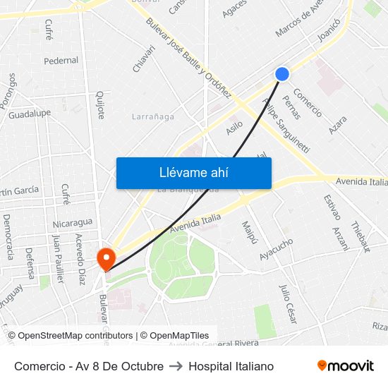 Comercio - Av 8 De Octubre to Hospital Italiano map