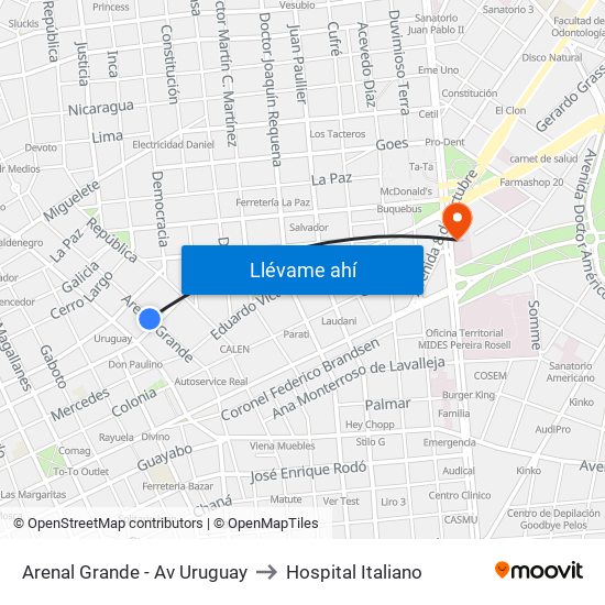 Arenal Grande - Av Uruguay to Hospital Italiano map